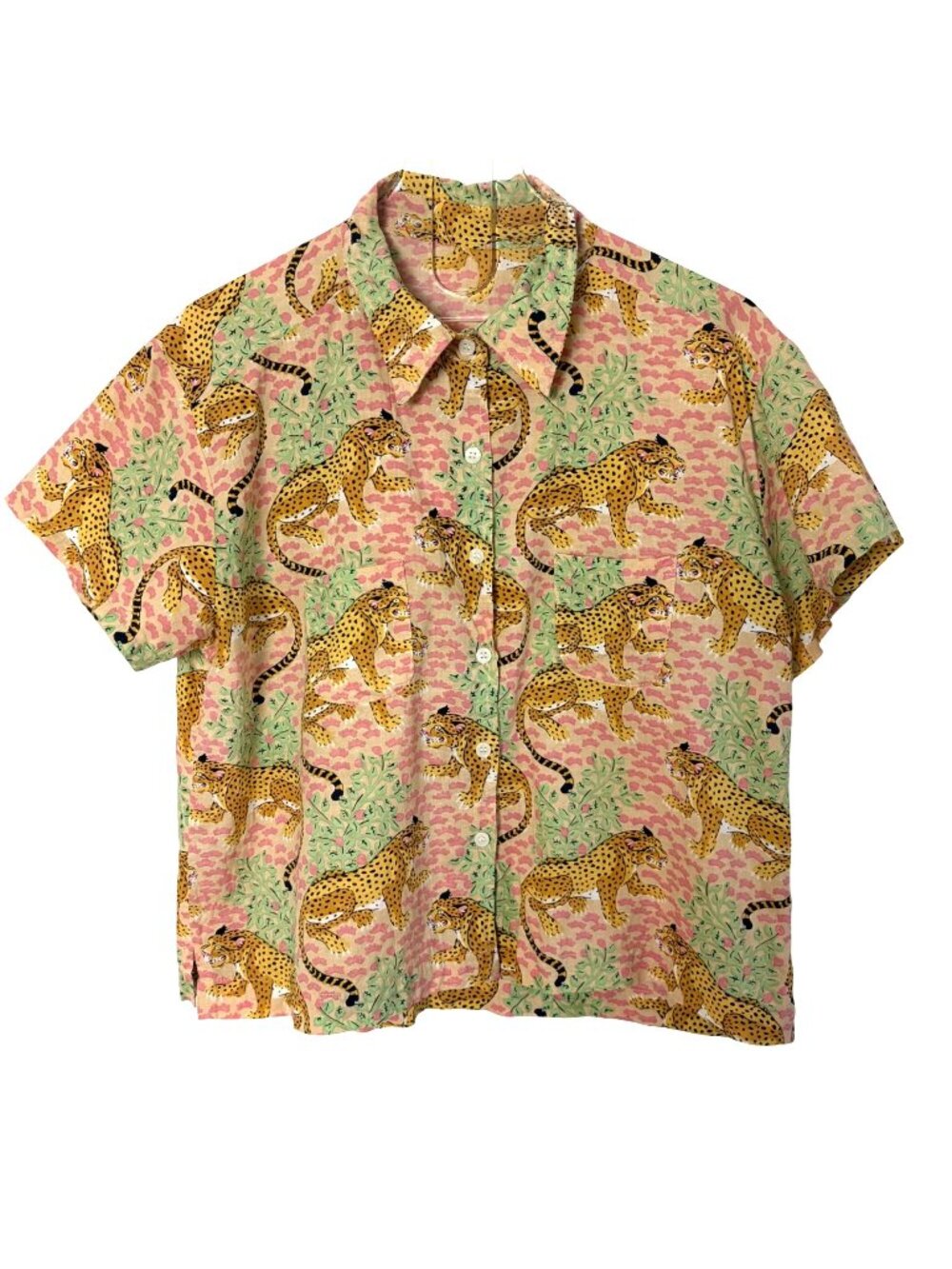 Printfresh Bagheera Leopard Top Womens Large Button Up Short Sleeve Shirt Beige